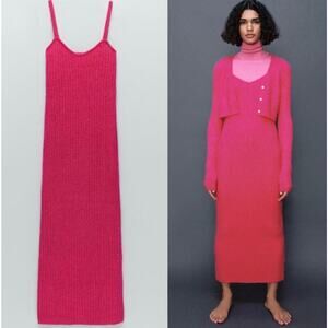 Zara Women’s Ribbed Knit Sweater Midi Dress Fuchsia Pink Cami Strappy Sz M